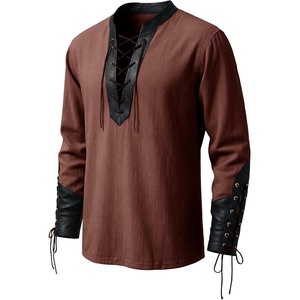 image:imageRuncati Mens Medieval Pirate Shirt Retro Lace Up Viking Renaissance Shirts Cotton Halloween Costume Faux Leather TopsBrown