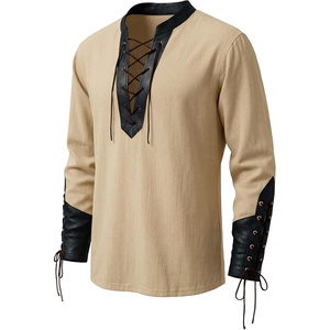 image:imageRuncati Mens Medieval Pirate Shirt Retro Lace Up Viking Renaissance Shirts Cotton Halloween Costume Faux Leather TopsKhaki