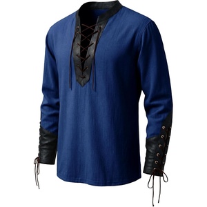 image:imageRuncati Mens Medieval Pirate Shirt Retro Lace Up Viking Renaissance Shirts Cotton Halloween Costume Faux Leather TopsNavy